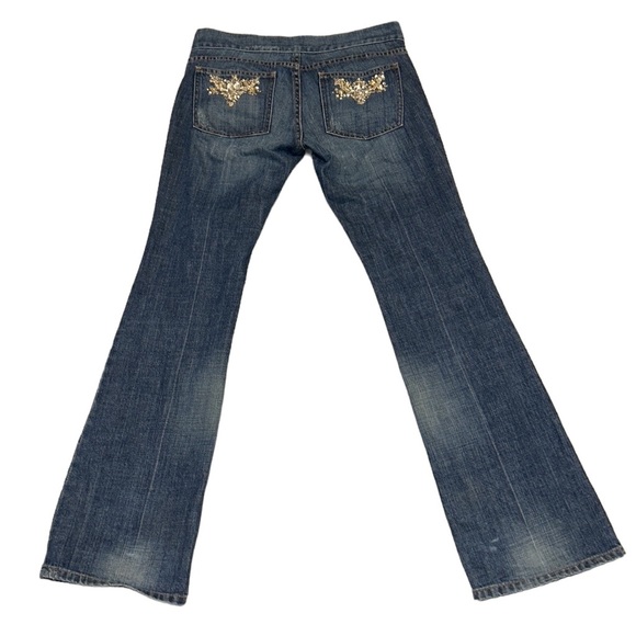 Escada Vintage Y2K Embellished Rhinestone Low Rise Flared Distressed Jeans - 8 - Picture 6 of 14